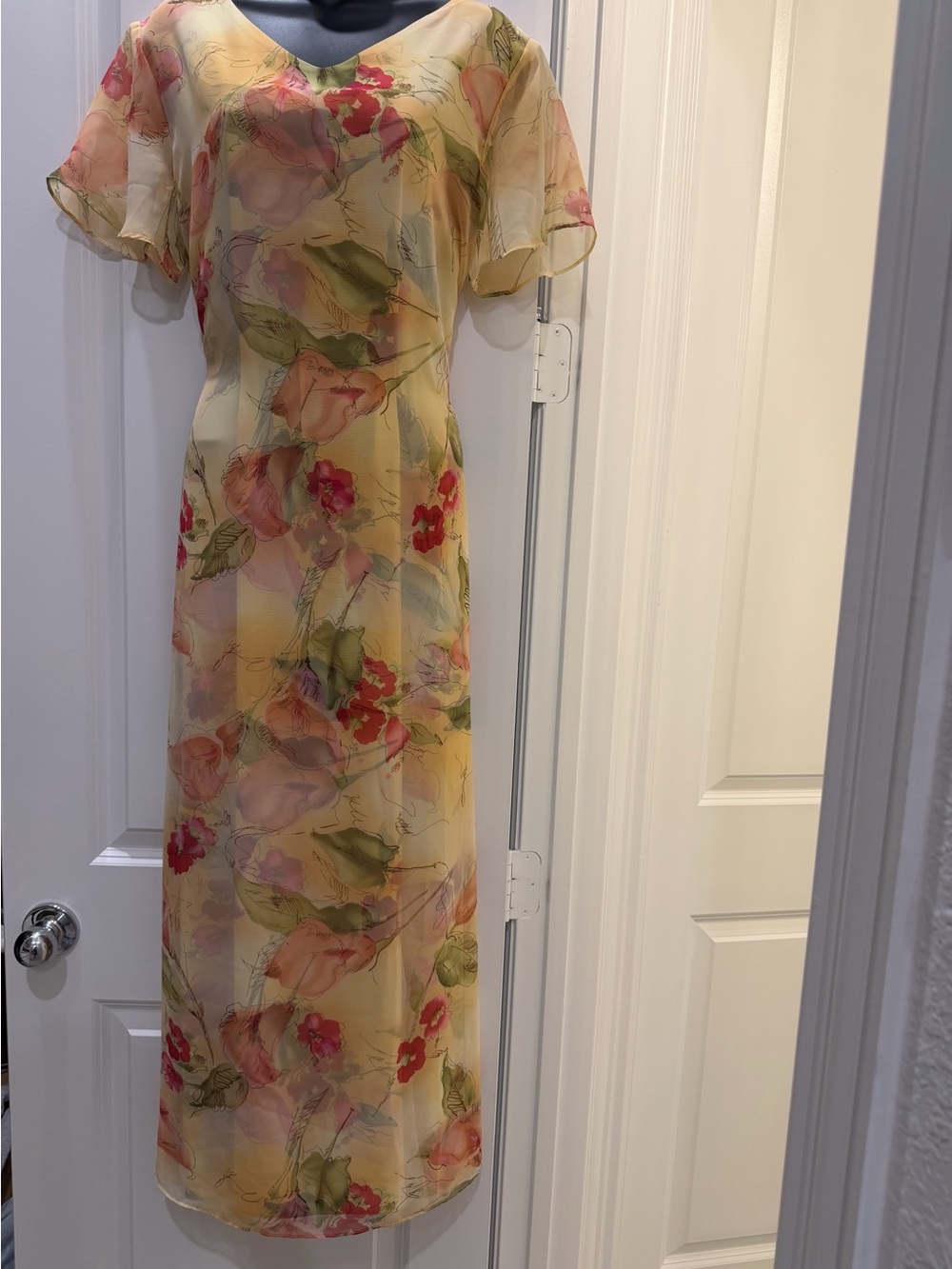 Coldwater Creek Floral Chiffon Maxi Dress Size 16 Yellow Pink